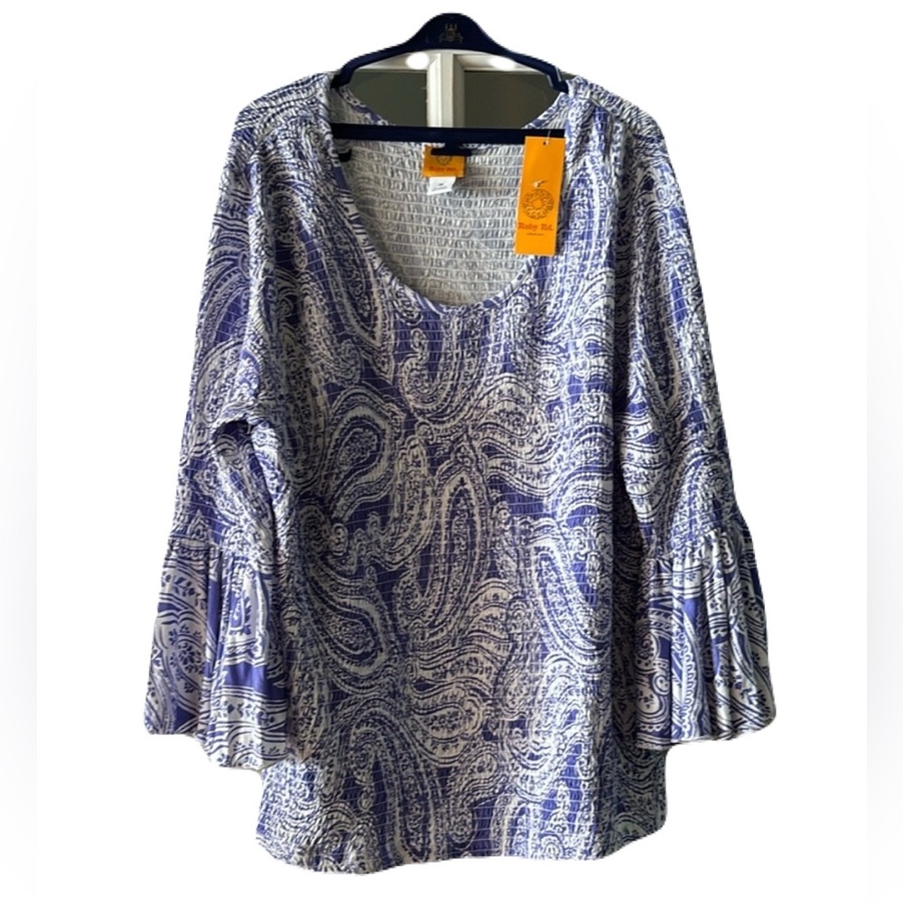 NWT Ruby Rd. Poet Sleeve Shirring Blouse Bright & Bold Paisley Periwinkle XL